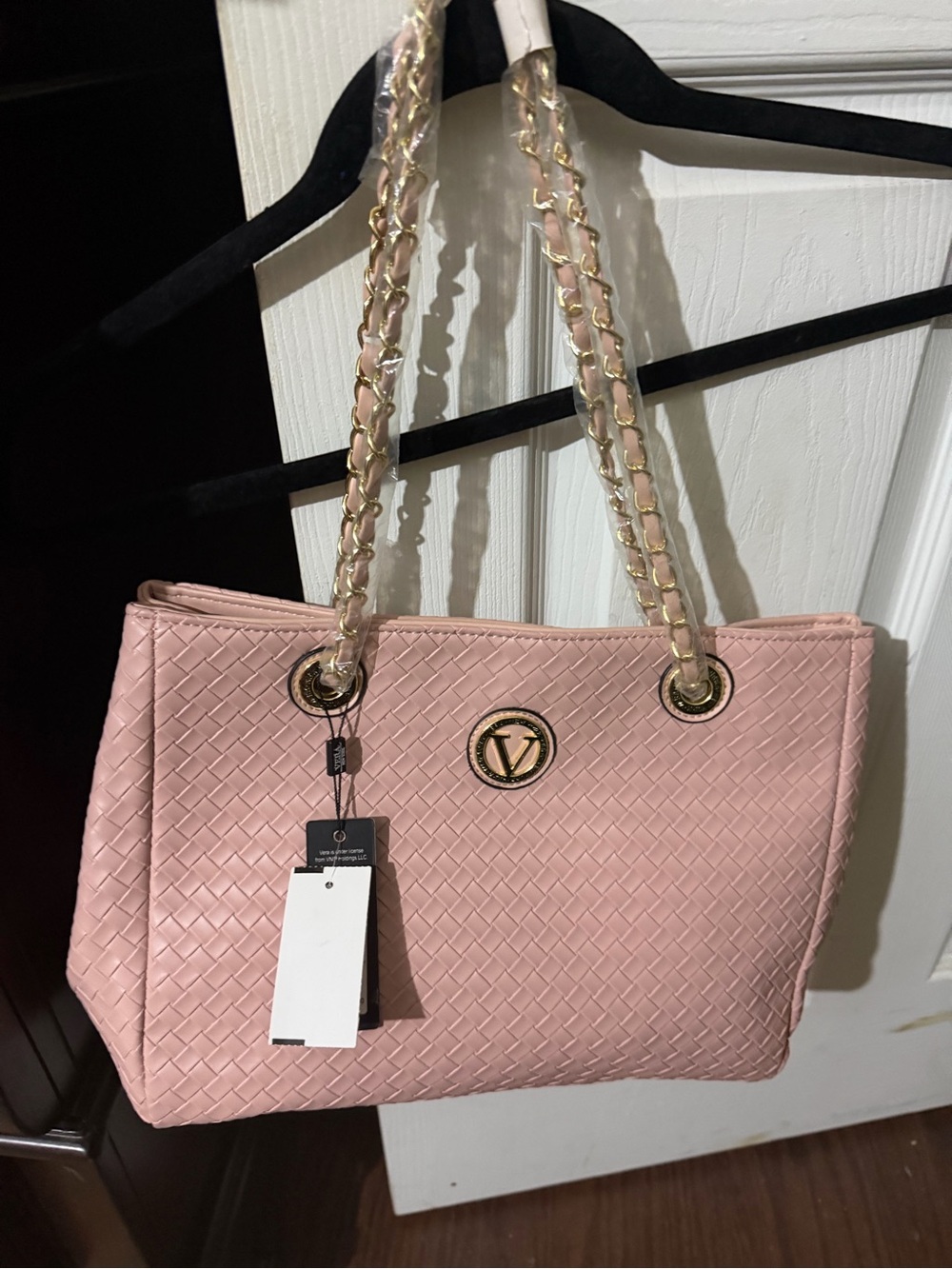 V-Emblem Pink Woven Chain-Handle Tote